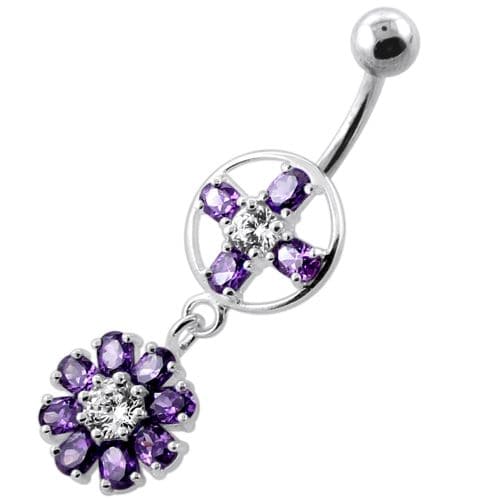 Jeweled Flower Hanging Navel Belly Bar - Monster Piercing