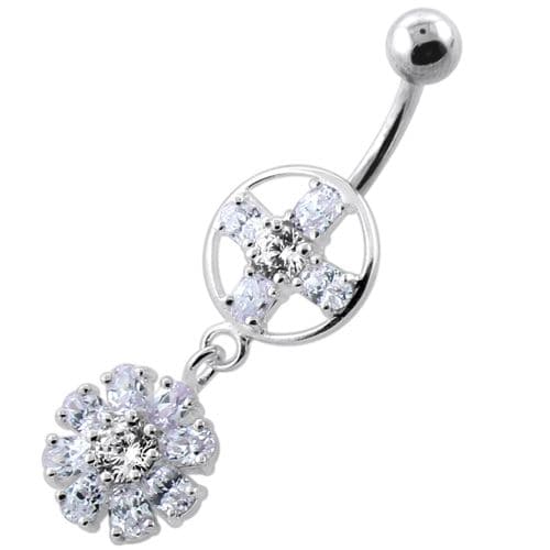 Jeweled Flower Hanging Navel Belly Bar - Monster Piercing