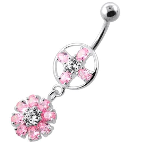 Jeweled Flower Hanging Navel Belly Bar - Monster Piercing