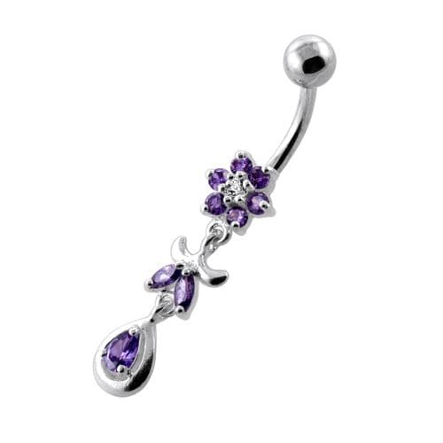 Jeweled Flower Leaf Hanging Navel Belly Bar - Monster Piercing