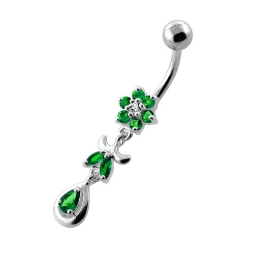 Jeweled Flower Leaf Hanging Navel Belly Bar - Monster Piercing