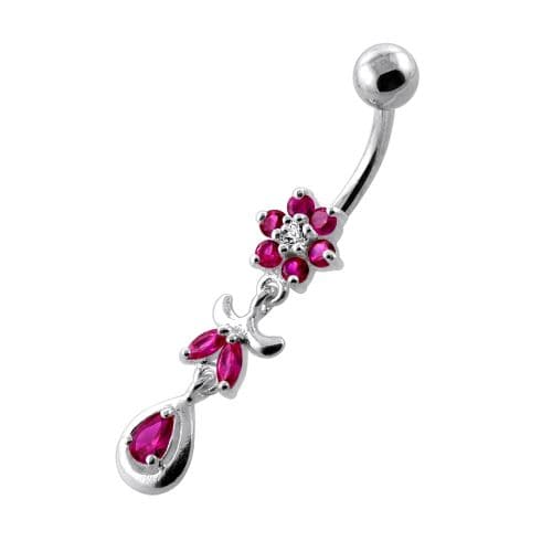 Jeweled Flower Leaf Hanging Navel Belly Bar - Monster Piercing