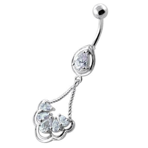 Fancy Flower Jeweled Dangling Navel Belly Ring - Monster Piercing