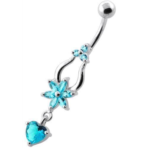 Flower with Heart Dangling Navel Belly Ring - Monster Piercing