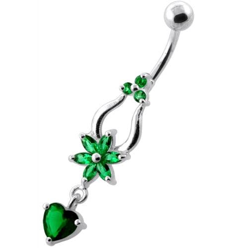 Flower with Heart Dangling Navel Belly Ring - Monster Piercing