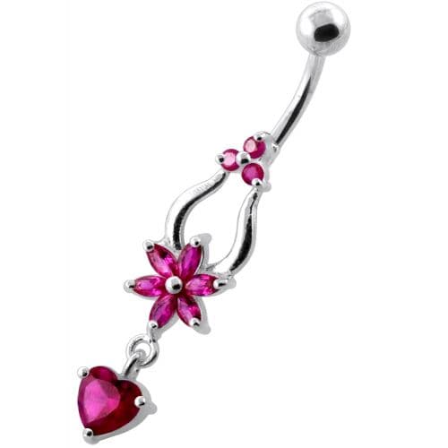 Flower with Heart Dangling Navel Belly Ring - Monster Piercing