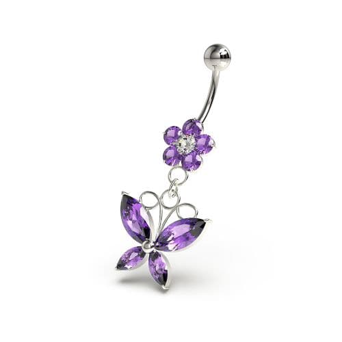 Flower with Dangling butterfly Navel Belly Piercing - Monster Piercing