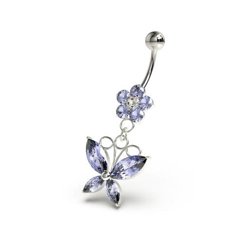 Flower with Dangling butterfly Navel Belly Piercing - Monster Piercing