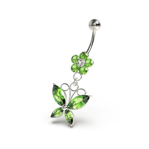 Flower with Dangling butterfly Navel Belly Piercing - Monster Piercing