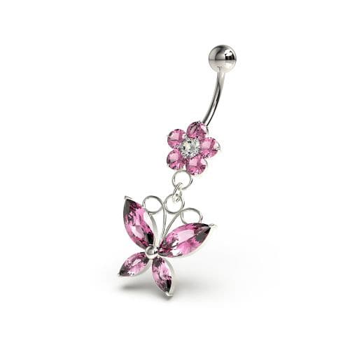 Flower with Dangling butterfly Navel Belly Piercing - Monster Piercing