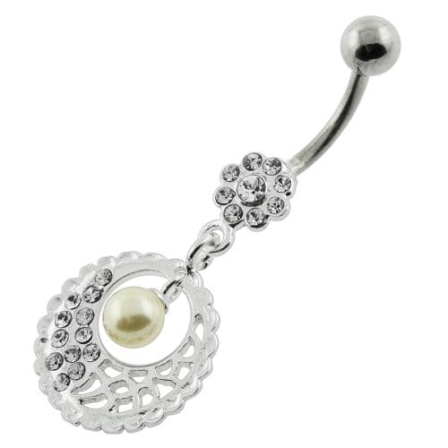 Hanging Pearl in Multi Jeweled Flower Belly Piercing - Monster Piercing