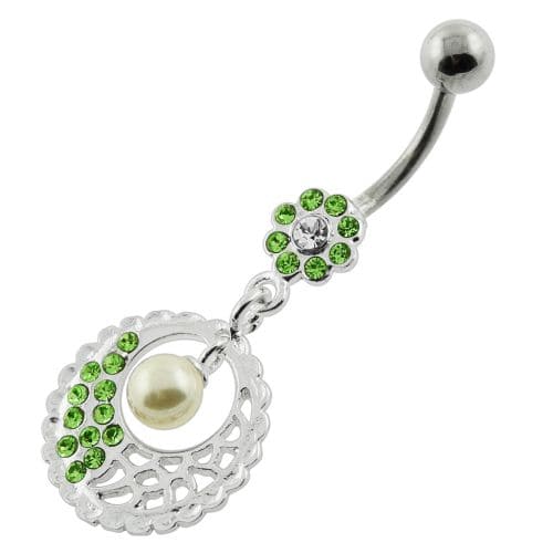 Hanging Pearl in Multi Jeweled Flower Belly Piercing - Monster Piercing