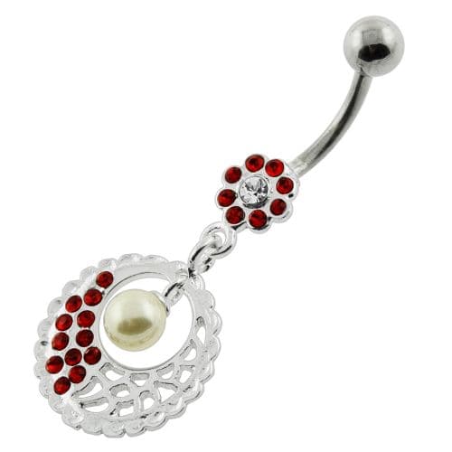 Hanging Pearl in Multi Jeweled Flower Belly Piercing - Monster Piercing