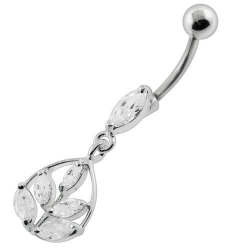 Framed Jeweled Leaf Dangling Navel Belly Piercing - Monster Piercing