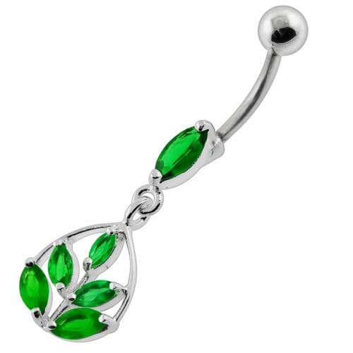 Framed Jeweled Leaf Dangling Navel Belly Piercing - Monster Piercing