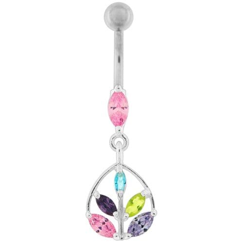 Framed Jeweled Leaf Dangling Navel Belly Piercing - Monster Piercing