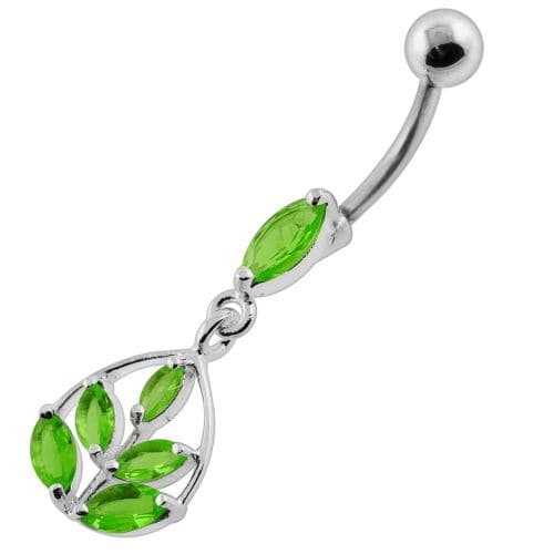 Framed Jeweled Leaf Dangling Navel Belly Piercing - Monster Piercing