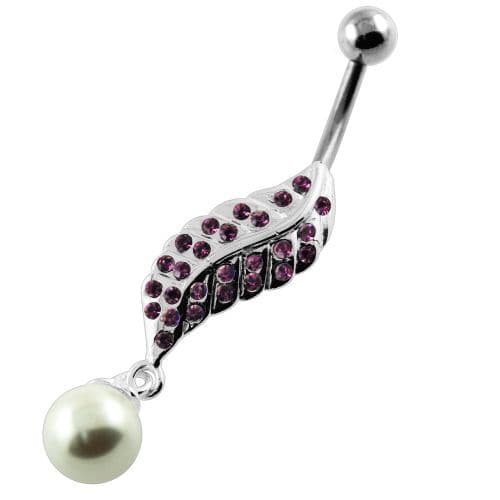 Multi Jeweled Leaf with Pearl Belly Button Piercing - Monster Piercing