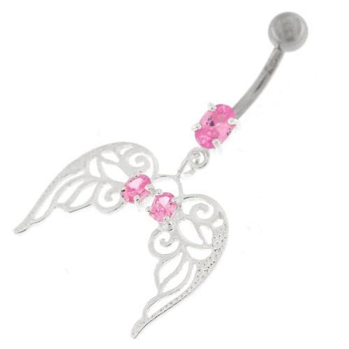 Angel Wings with Floral Silver Belly Ring - Monster Piercing