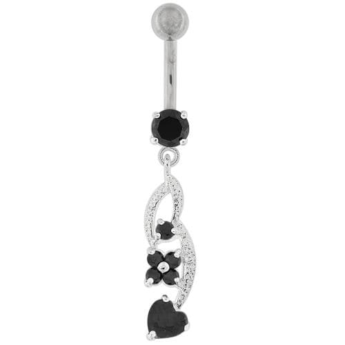 Flower with Heart Dangling Navel Belly Button Ring - Monster Piercing