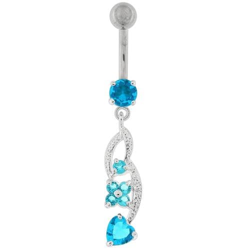 Flower with Heart Dangling Navel Belly Button Ring - Monster Piercing