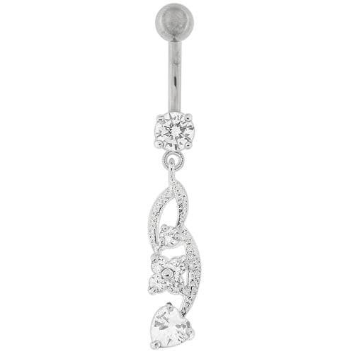 Flower with Heart Dangling Navel Belly Button Ring - Monster Piercing