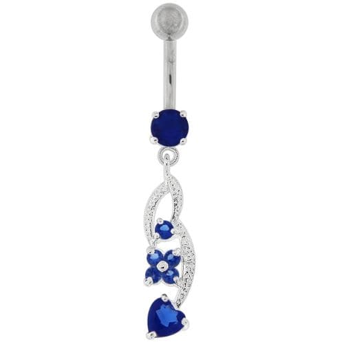 Flower with Heart Dangling Navel Belly Button Ring - Monster Piercing