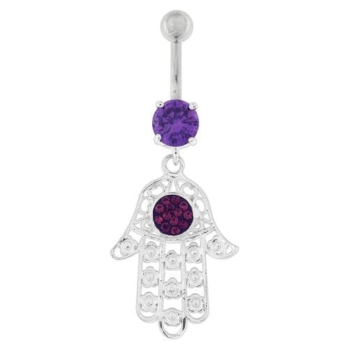 Hamsa Hand with Flowers Dangling Belly Button Ring - Monster Piercing