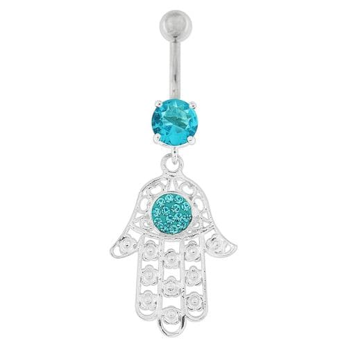 Hamsa Hand with Flowers Dangling Belly Button Ring - Monster Piercing