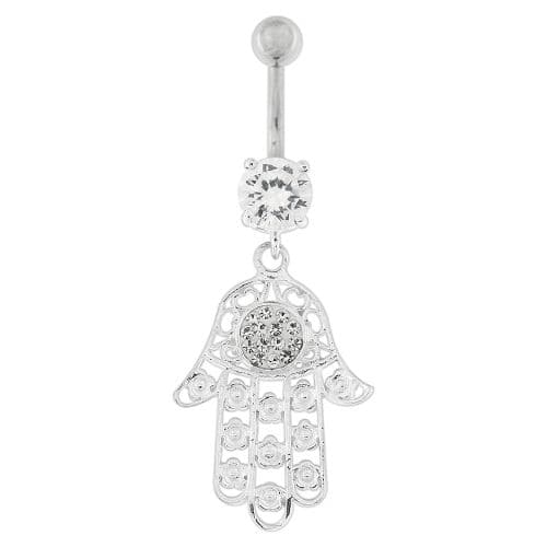 Hamsa Hand with Flowers Dangling Belly Button Ring - Monster Piercing