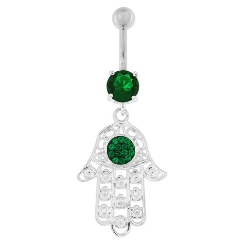 Hamsa Hand with Flowers Dangling Belly Button Ring - Monster Piercing