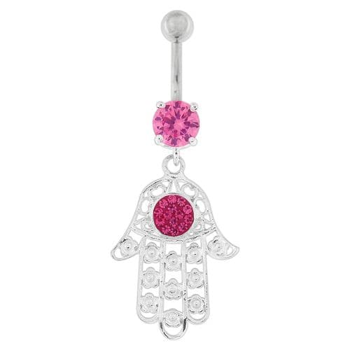 Hamsa Hand with Flowers Dangling Belly Button Ring - Monster Piercing