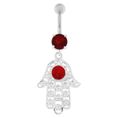 Hamsa Hand with Flowers Dangling Belly Button Ring - Monster Piercing