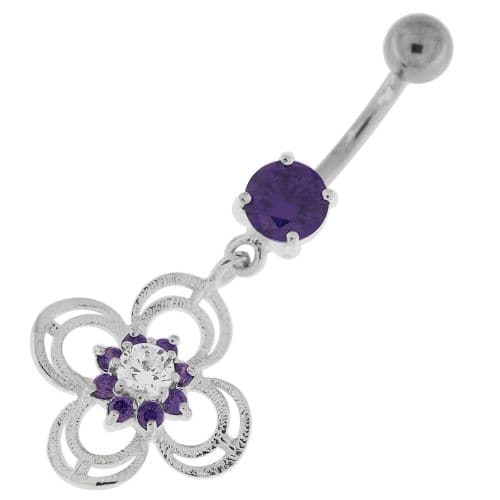 Flower With Bow Jeweled Silver Belly Button Ring - Monster Piercing