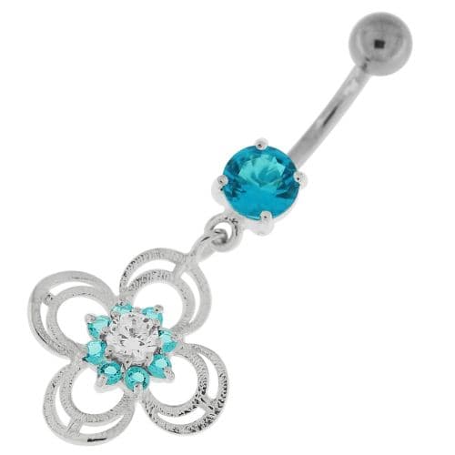 Flower With Bow Jeweled Silver Belly Button Ring - Monster Piercing