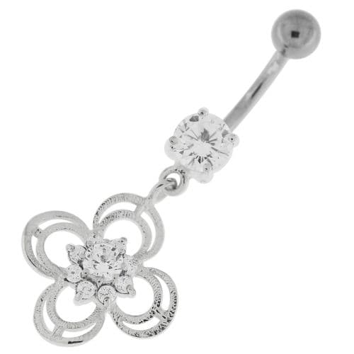 Flower With Bow Jeweled Silver Belly Button Ring - Monster Piercing