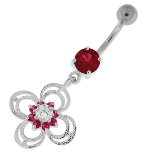 Flower With Bow Jeweled Silver Belly Button Ring - Monster Piercing