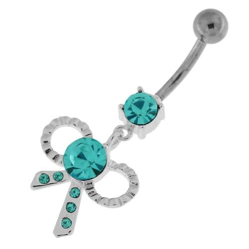 Simple Jeweled Tie Bow Silver Belly Button Ring - Monster Piercing