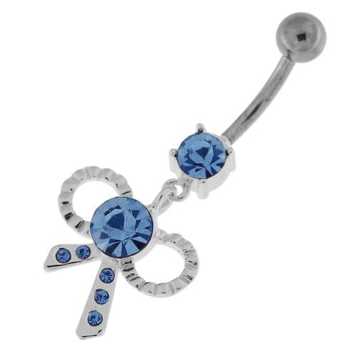 Simple Jeweled Tie Bow Silver Belly Button Ring - Monster Piercing