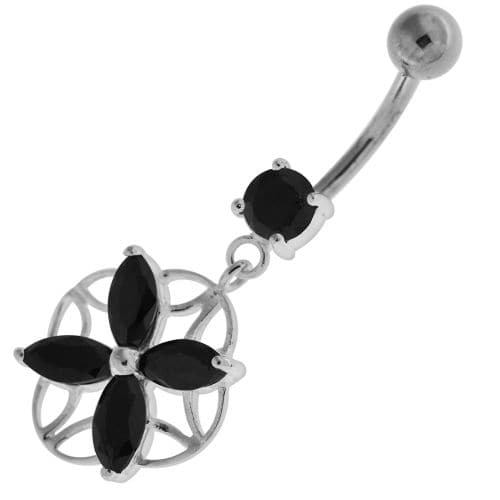 Jeweled Flower Cut out Navel Belly Button Ring - Monster Piercing