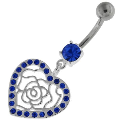 Dangling Rose Cut out Heart Belly Button Bar - Monster Piercing