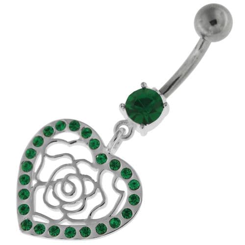 Dangling Rose Cut out Heart Belly Button Bar - Monster Piercing