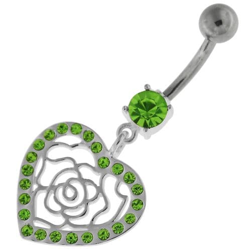 Dangling Rose Cut out Heart Belly Button Bar - Monster Piercing