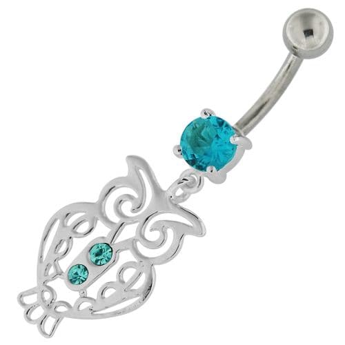 Sterling Silver Jeweled Owl Navel Belly Button Bar - Monster Piercing