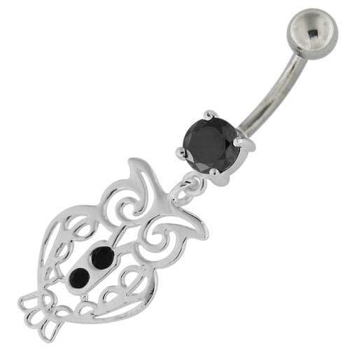 Sterling Silver Jeweled Owl Navel Belly Button Bar - Monster Piercing