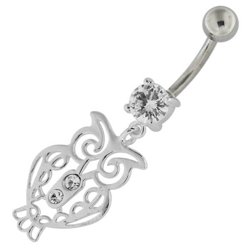 Sterling Silver Jeweled Owl Navel Belly Button Bar - Monster Piercing