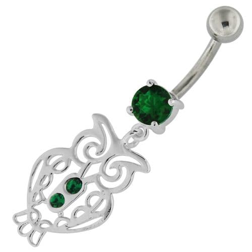 Sterling Silver Jeweled Owl Navel Belly Button Bar - Monster Piercing