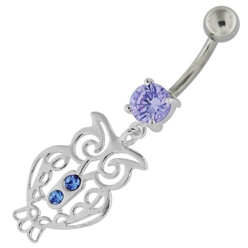 Sterling Silver Jeweled Owl Navel Belly Button Bar - Monster Piercing