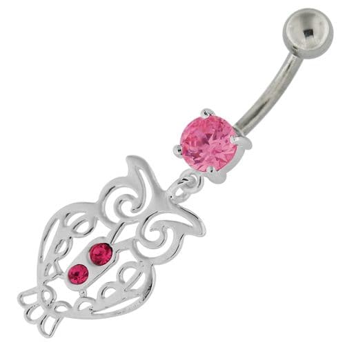 Sterling Silver Jeweled Owl Navel Belly Button Bar - Monster Piercing