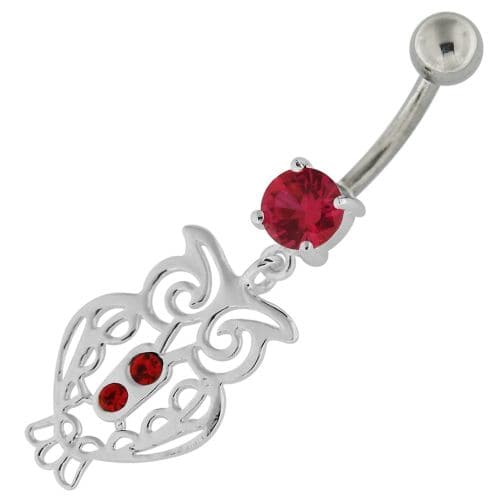 Sterling Silver Jeweled Owl Navel Belly Button Bar - Monster Piercing